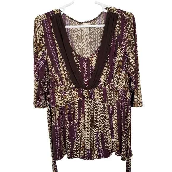 Venezia Size 22 24 Shirt Layered Stretch Jersey Tunic Tie Belt Boho Braid Print - Picture 2 of 6